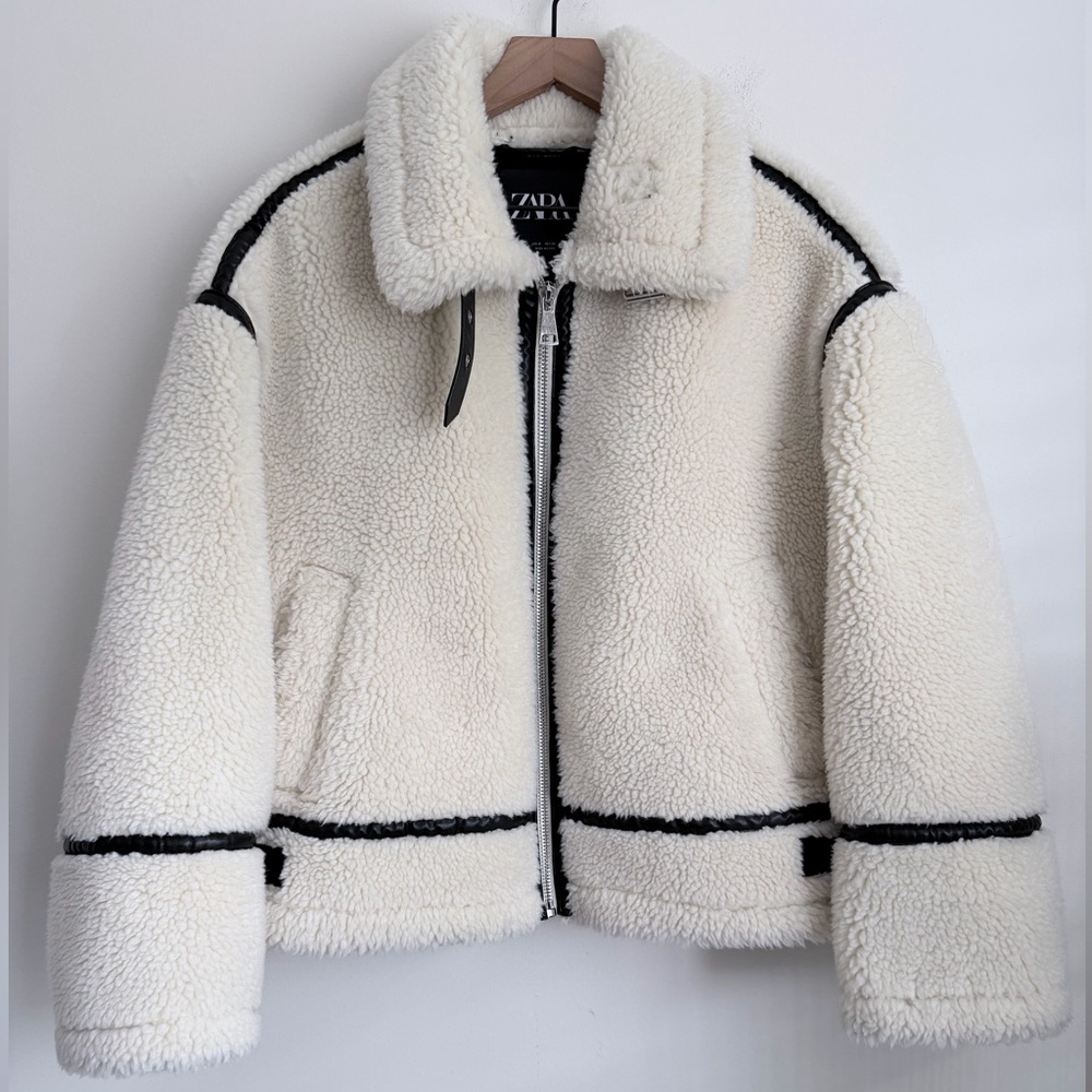 ZARA Ivory Cream White Faux Fur Shearling Sherpa Faux Leather Moto Jacket - Picture 5 of 10